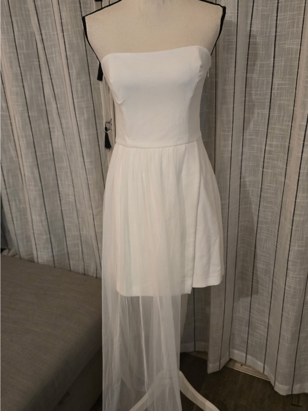 French Connection White Strapless Short Dress with Sheer Tulle Overlay